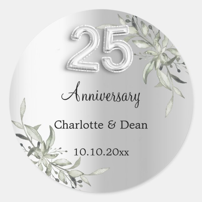 25th wedding anniversary silver greenery classic round sticker (Front)