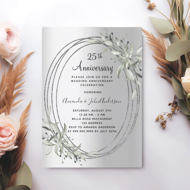 25th wedding anniversary silver greenery invitation (Creator Uploaded)