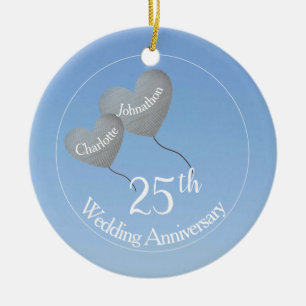 25th Wedding Anniversary silver heart balloon Ceramic Tree Decoration