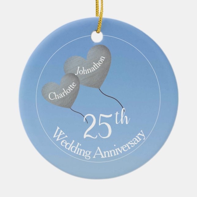 25th Wedding Anniversary silver heart balloon Ceramic Tree Decoration (Front)