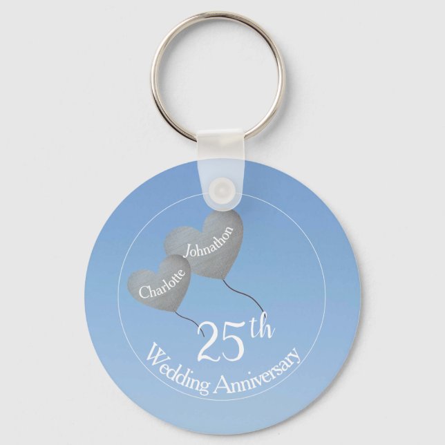25th Wedding Anniversary silver heart balloon Key Ring (Front)