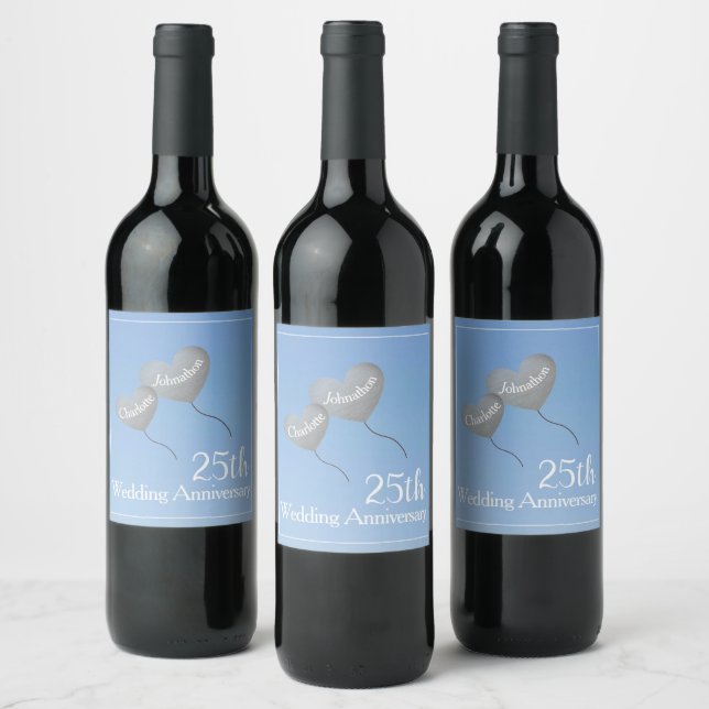 25th Wedding Anniversary silver heart balloon Wine Label (Bottles)