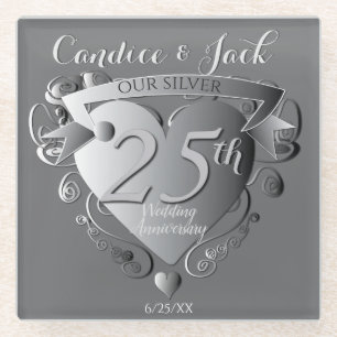 25th Wedding Anniversary Silver Heart Emblem Glass Coaster
