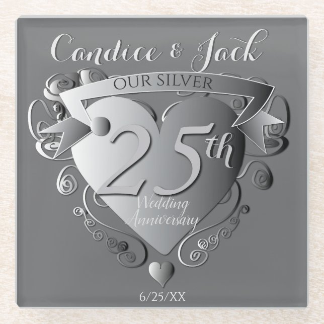 25th Wedding Anniversary Silver Heart Emblem Glass Coaster (Front)