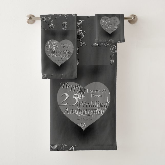 25th Wedding Anniversary Silver Heart Rose  Bath Towel Set (Insitu)