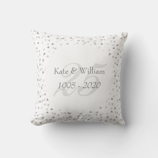 25th Wedding Anniversary Silver Hearts Confetti Cushion (Front)