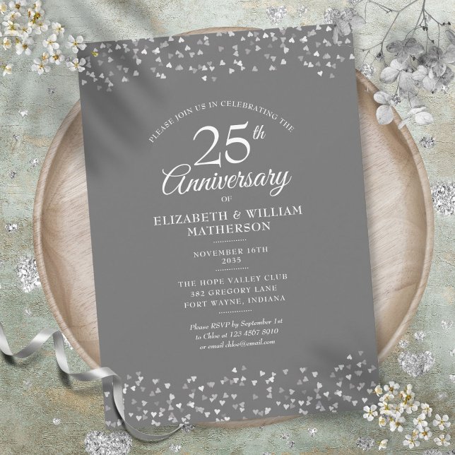25th Wedding Anniversary Silver Hearts Confetti Invitation (25th Wedding Anniversary Silver Hearts Confetti Invitation)