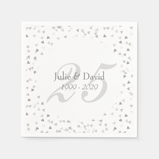 25th Wedding Anniversary Silver Hearts Confetti Napkin (Front)