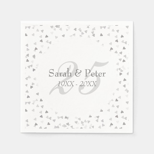 25th Wedding Anniversary Silver Hearts Confetti Napkin (Front)