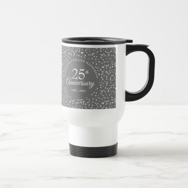 25th Wedding Anniversary Silver Hearts Confetti Travel Mug (Right)