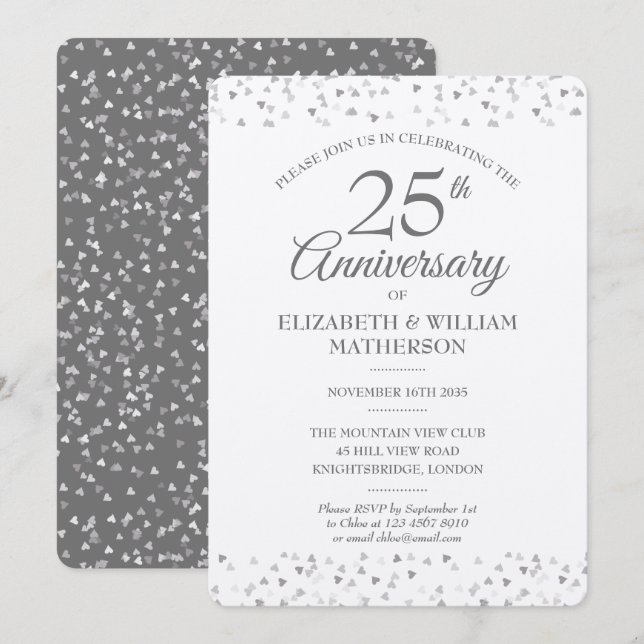 25th Wedding Anniversary Silver Hearts Metallic Invitation (Front/Back)