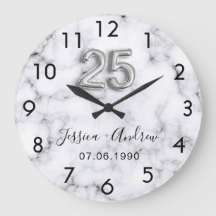 25th wedding anniversary silver marble large clock