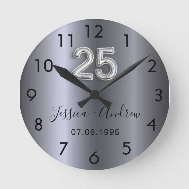 25th wedding anniversary silver names round clock (Front)
