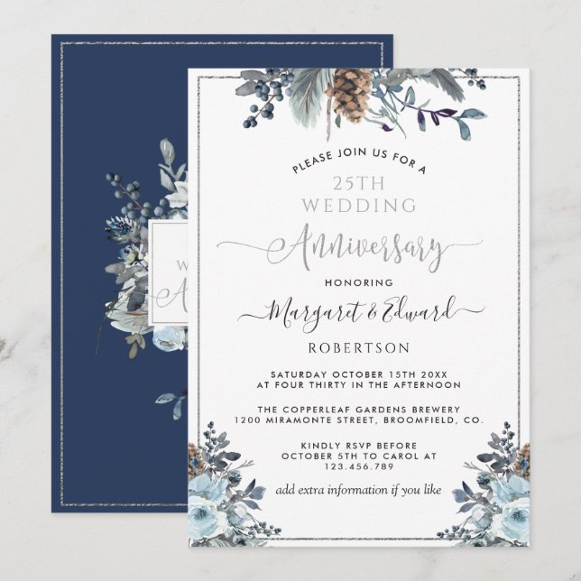 25th Wedding Anniversary, Silver, Navy Blue Floral Invitation (Front/Back)