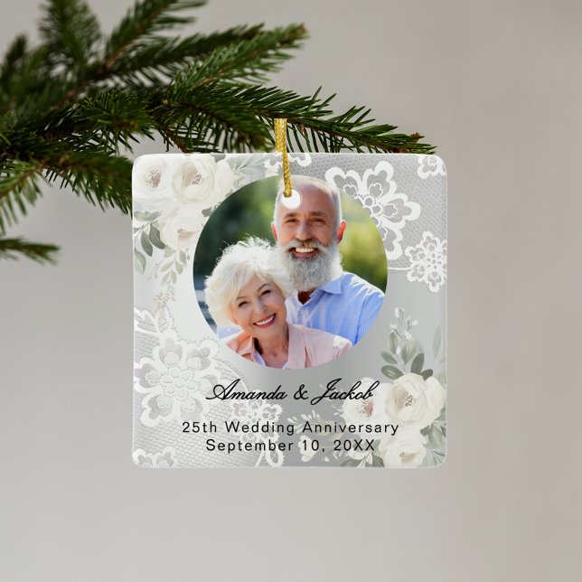 25th Wedding Anniversary silver photo florals lace Ceramic Ornament (Creator Uploaded)