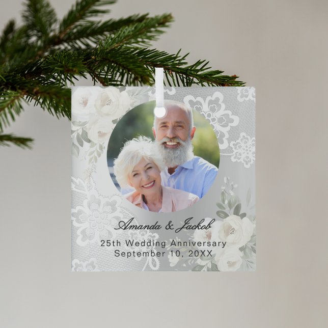 25th Wedding Anniversary silver photo florals lace Glass Tree Decoration (Creator Uploaded)