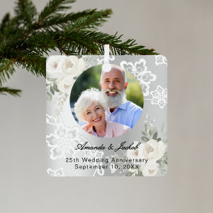 25th Wedding Anniversary silver photo florals lace Metal Tree Decoration