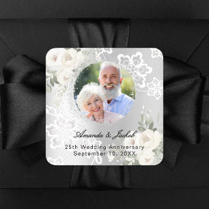 25th Wedding Anniversary silver photo florals Square Sticker