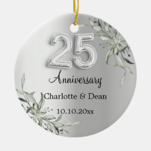 25th wedding anniversary silver photo greenery ceramic tree decoration