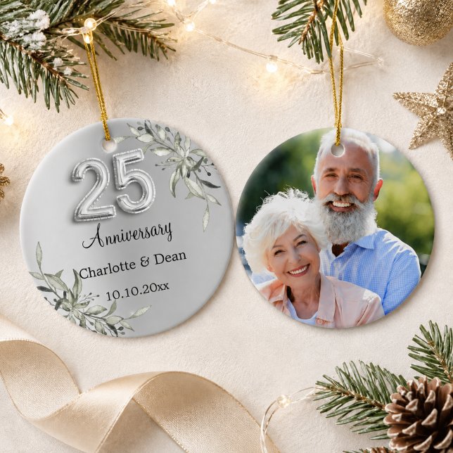 25th wedding anniversary silver photo greenery ceramic tree decoration (Creator Uploaded)