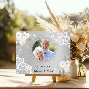 25th Wedding Anniversary silver photo lace floral Guest Book