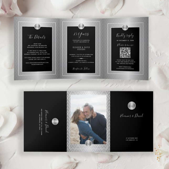 25th wedding anniversary silver photo QR RSVP Tri-Fold Announcement (Creator Uploaded)