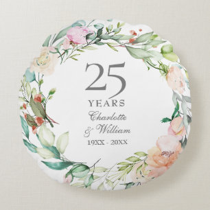 25th Wedding Anniversary Silver Photo Roses Floral Round Cushion