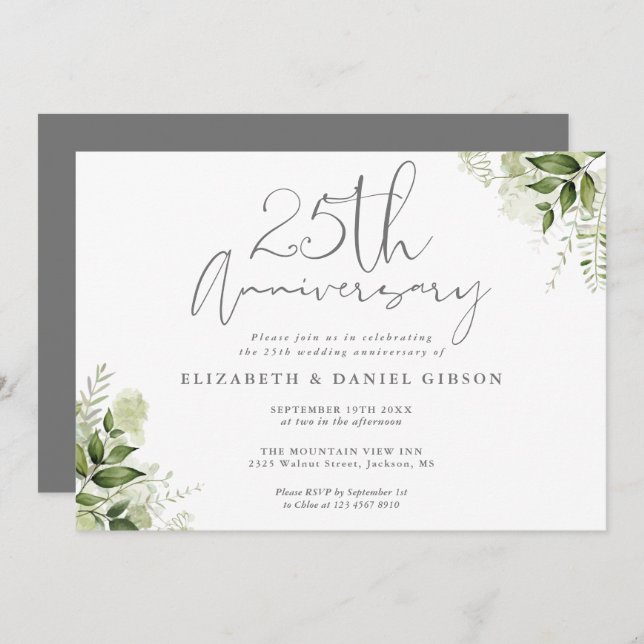 25th Wedding Anniversary Silver Script Floral Invitation (Front/Back)