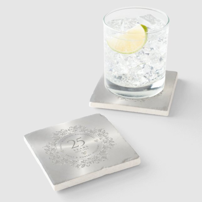 25th Wedding Anniversary Silver Sparkling Frame Stone Coaster (Side)