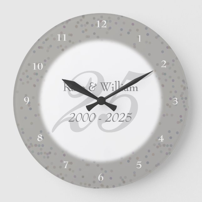 25th Wedding Anniversary Silver Stardust Confetti Large Clock (Front)