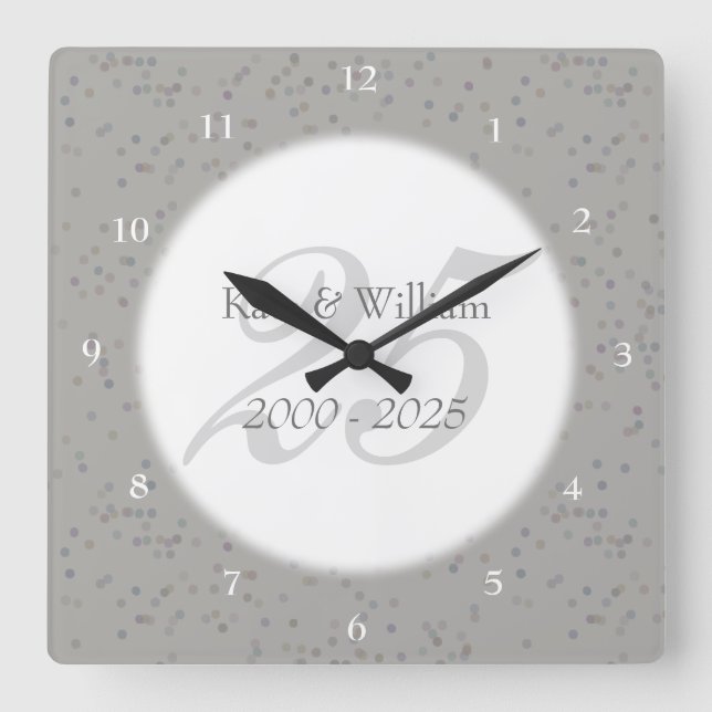 25th Wedding Anniversary Silver Stardust Confetti Square Wall Clock (Front)
