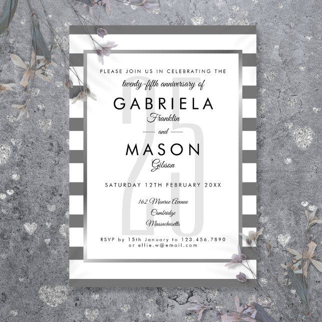25th Wedding Anniversary Silver Stripe Art Deco  Invitation (25th Wedding Anniversary Silver Stripe Art Deco Invitation)
