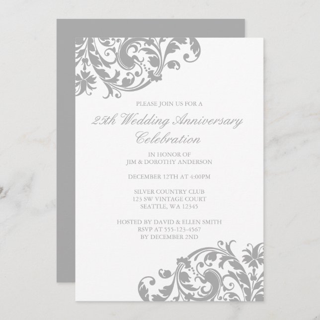 25th Wedding Anniversary Silver Swirl Flourish Invitation (Front/Back)