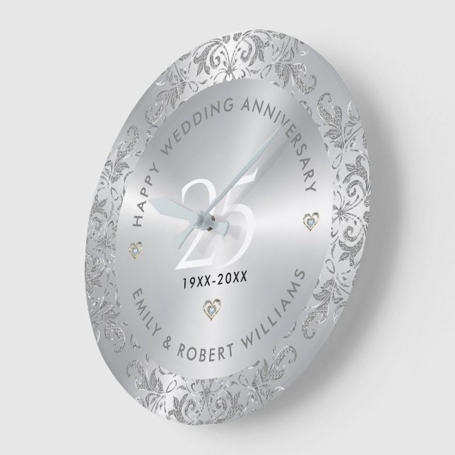25th Wedding Anniversary Silver Swirls Large Clock (Angle)