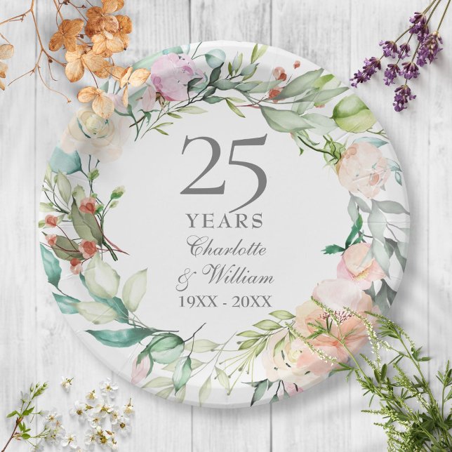 25th Wedding Anniversary Silver Watercolor Floral Paper Plate (Creator Uploaded)