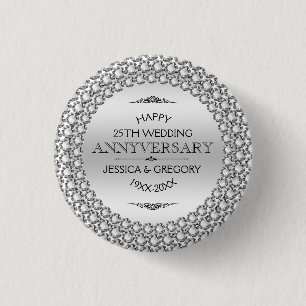 25th Wedding Anniversary Silver & White Diamonds 3 Cm Round Badge