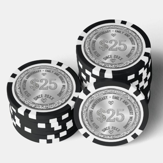 25th Wedding Anniversary Silver White Diamonds Poker Chips (Stack)