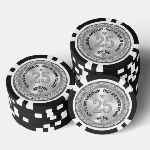 25th Wedding Anniversary Silver White Diamonds Poker Chips