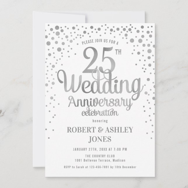 25th Wedding Anniversary - Silver & White Invitation (Front)