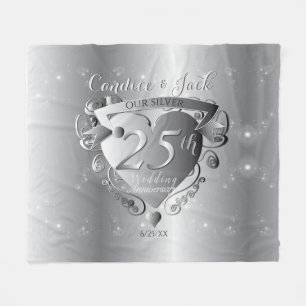 25th Wedding Anniversary Silvery Heart Emblem Fleece Blanket