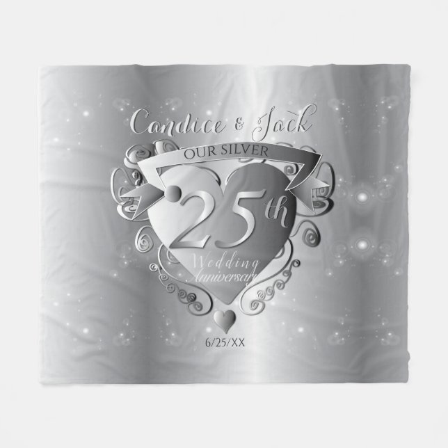 25th Wedding Anniversary Silvery Heart Emblem Fleece Blanket (Front (Horizontal))