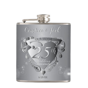 25th Wedding Anniversary Silvery Heart  Hip Flask