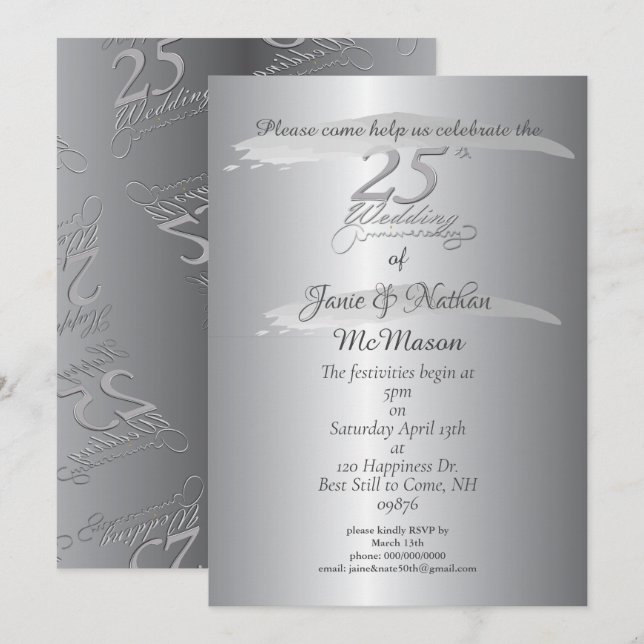 "25th Wedding Anniversary"Silvery Invitations (Front/Back)