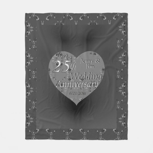 25th Wedding Anniversary Silvery Rose Heart Fleece (Front)