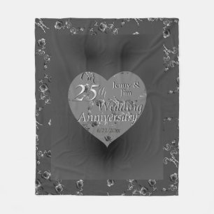 25th Wedding Anniversary Silvery Rose Heart Fleece Blanket
