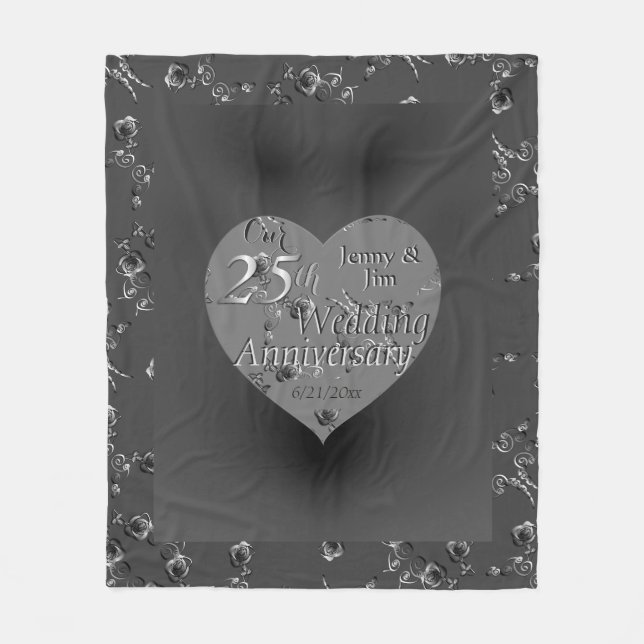 25th Wedding Anniversary Silvery Rose Heart Fleece Blanket (Front)