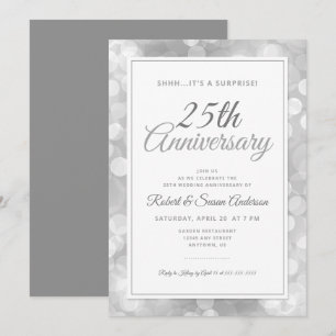 25th Wedding Anniversary Surprise   Silver Bokeh Invitation