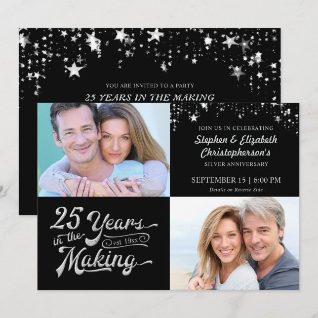 25th Wedding Anniversary Then & Now Photos Stars Invitation (Front/Back)