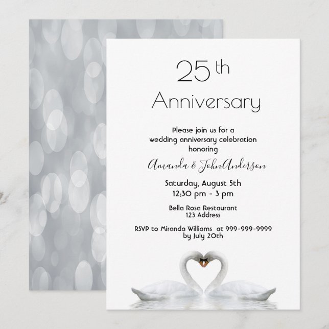 25th wedding anniversary two swans in love white invitation (Front/Back)