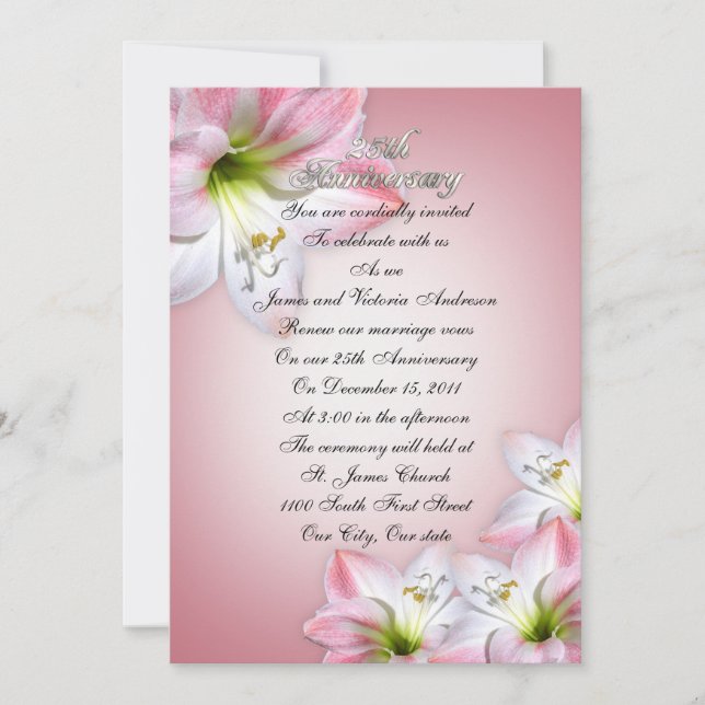 25th Wedding anniversary vow renewal pink amarylis Invitation (Front)